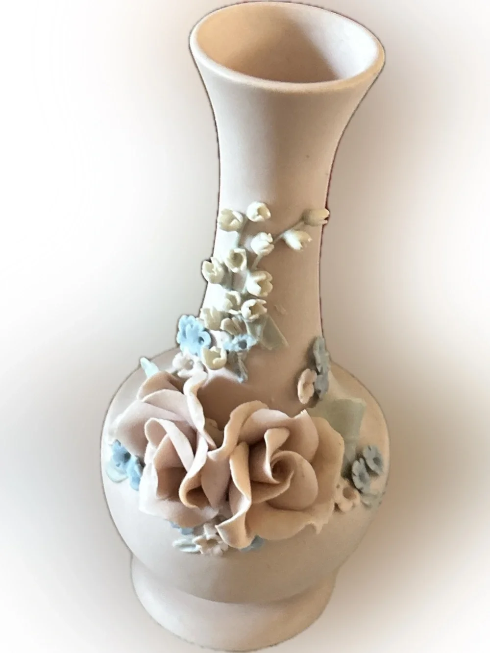 Vintage Pink Bisque Ceramic Floral Bud Vase Pale Blue Roses 3D